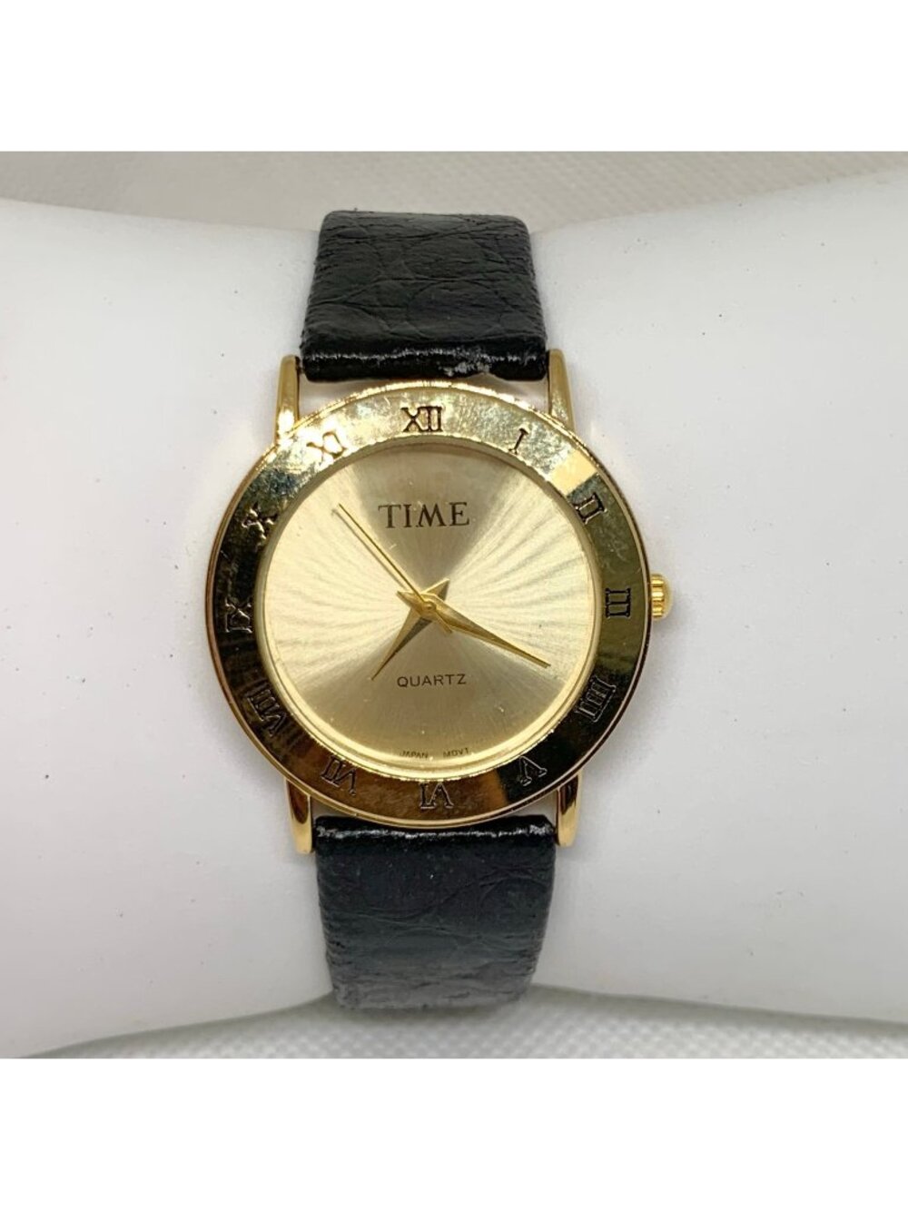 Vintage time gold tone watch 32mm quartz analog Roman indices black band running